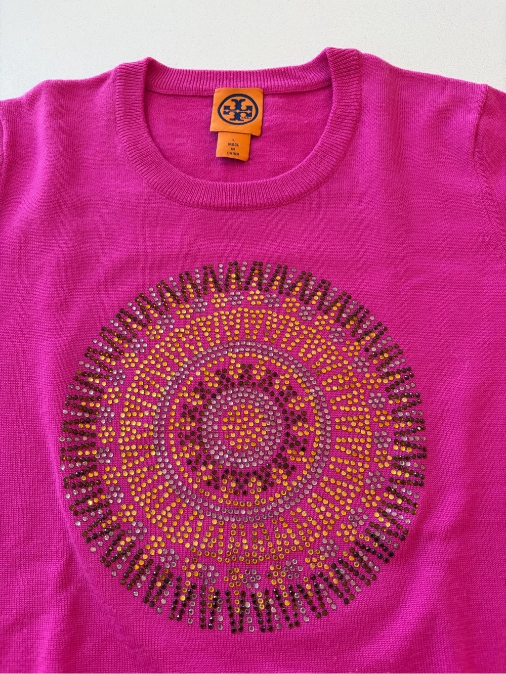 Tory Burch Fuchsia Beaded Crewneck Sweater.